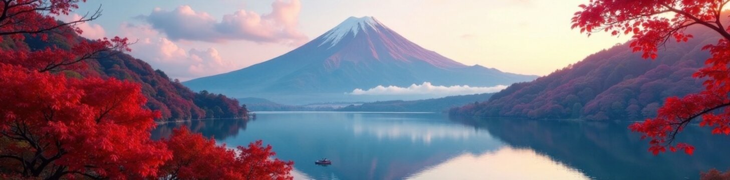 Fuji's peak emerges from autumn mist, vibrant red leaves frame the lake , trees, hakone