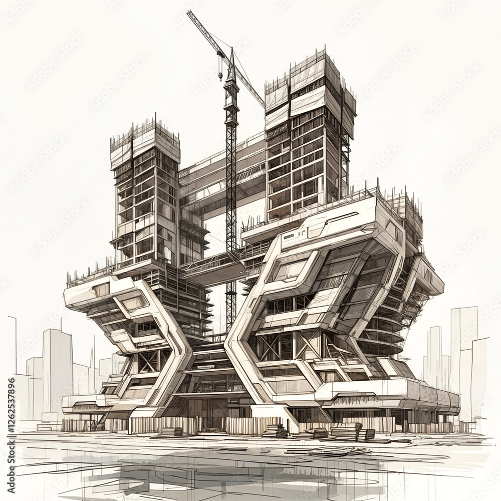 Poster architectural sketch of a modern construction of a building of the future . generative ai