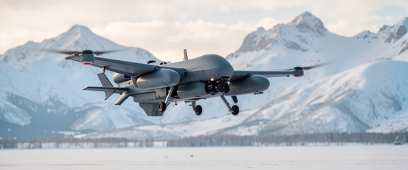 Military drone flying over snowy mountains, advanced surveillance technology