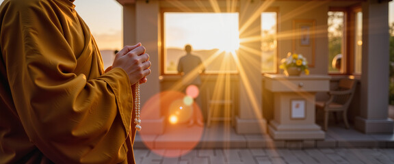 Focused Buddhist priest meditating at sunrise, tranquility and peace