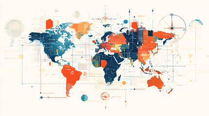 A colorful abstract world map with geometric shapes and digital connections symbolizing global technology and data networks  
