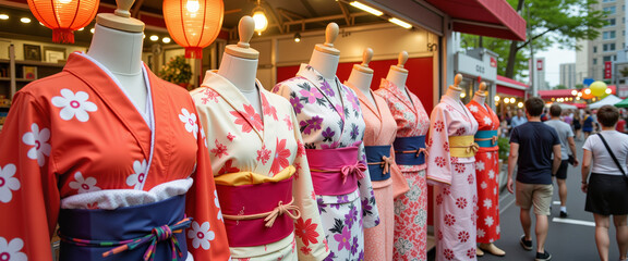 Vibrant yukatas displayed at festival market stall, cultural celebration