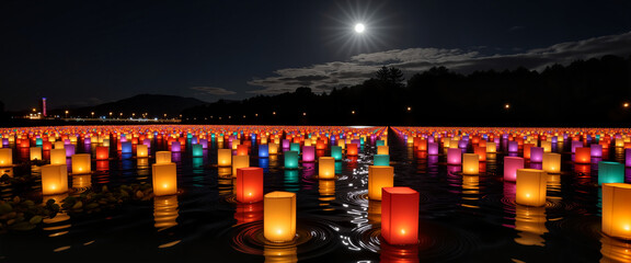 Glowing river lanterns floating peacefully at night, Obon celebration