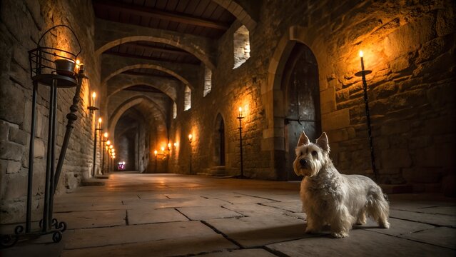 The image captures a dimly lit, atmospheric interior of what appears to be a medieval castle or monaster