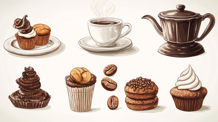 Coffee poster of steamy cup, cappuccino or moka, muffins and biscuits, coffee mill or grinder and coffee maker, chocolate desserts, turkish pot cezve and roasted beans