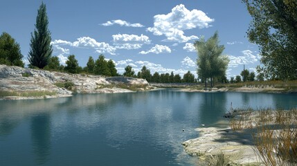 Scenic tranquil lake, sunny day,  rocky shoreline, trees in background.  Use Nature, travel