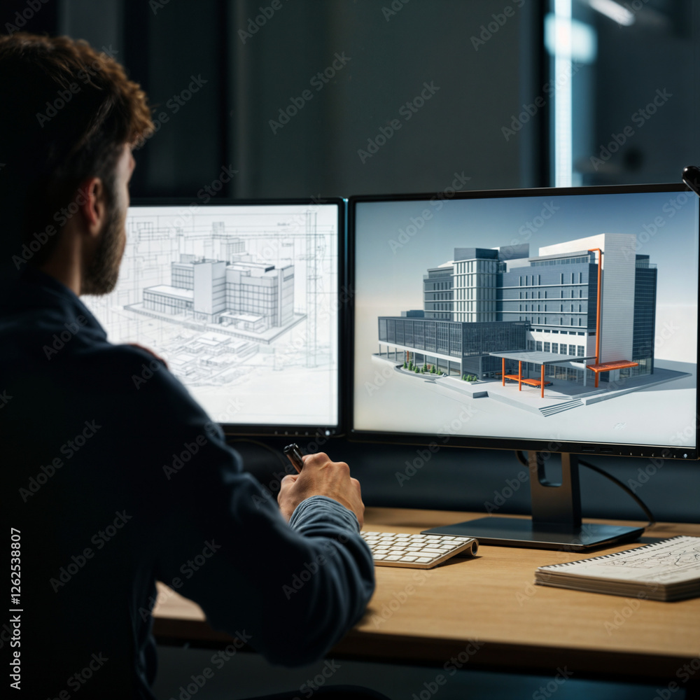 Poster engineer architect designs a building in front of a computer monitor . generative ai