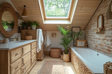 Modern bathroom design featuring natural elements and spacious layout with skylight for natural light in a cozy home setting