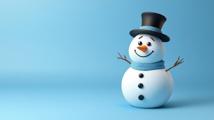 A snowman with a charming smile and a top hat stands proudly on a bright blue background, embodying the joy and spirit of winter celebrations