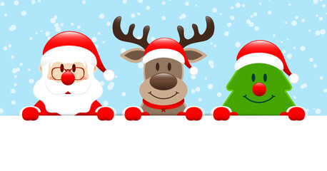 Weihnachtsmann Rentier Und Baum Halten Horizontales Banner Schnee Blau