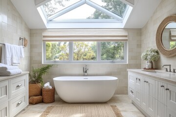 Modern bathroom with freestanding tub and natural light in a serene setting surrounded by greenery
