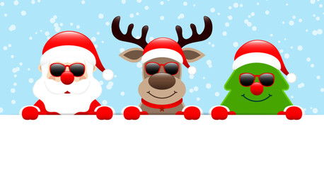 Weihnachtsmann Rentier Und Baum Mit Sonnenbrille Halten Horizontales Banner Schnee Blau