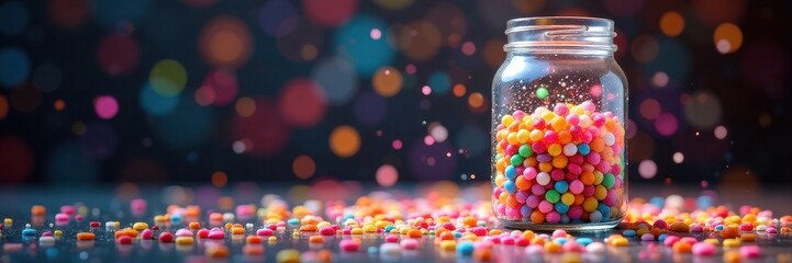 Giant glass jar, rainbow candy cascade, glittering confetti, confetti explosion, confetti