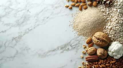 Organic grains, nuts, and seeds arranged on marble surface create healthy and vibrant display. This flat lay showcases variety of textures and colors, perfect for promoting nutritious eating