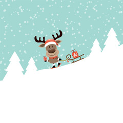 Rentier Mit Schlitten Fährt Ski Bergab Im Wald Schnee Türkis