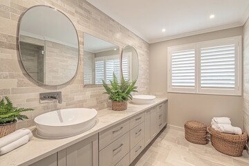 Fototapeta premium Modern bathroom design featuring natural elements and contemporary finishes in a stylish residential setting