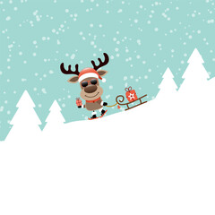 Rentier Sonnenbrille Mit Schlitten Fährt Ski Bergab Im Wald Schnee Türkis