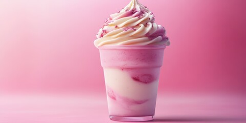 Swirled soft serve dessert with pink and white layers displayed on pink backdrop