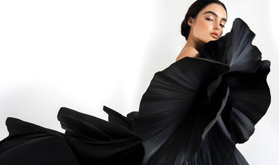 Fashion editorial Concept. Slick hair radiant girl of high fashion couture tulle flowing conceptual and pleats petal like black dark bridal angel dress. dynamic composition lighting. copy text space