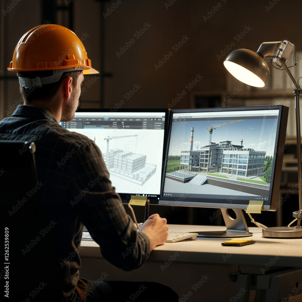 Poster engineer architect designs a building in front of a computer monitor . generative ai