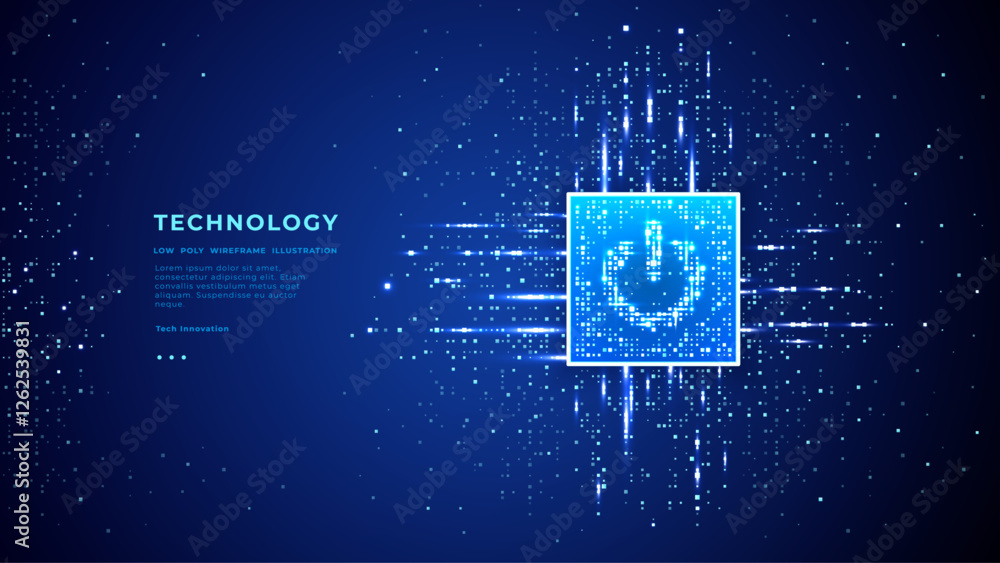 Poster Abstract ON power button in blue light glowing pixels on AI chip with circuit wires. Technology background. Data flow elements on tech bg. Artificial Intelligence concept. Digital vector illustration