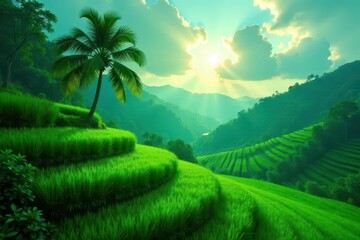 Obraz premium Green rice paddy steps, vibrant jungle canopy, single palm tree silhouette , vibrant, asia, stock photo