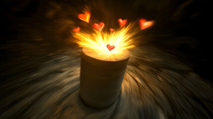 Naklejka premium Glowing hearts emerging from a cylinder, swirling dark background, romantic concept, ideal for Valentine's Day cards