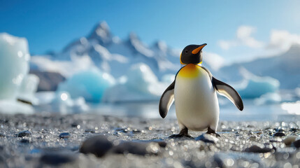 solitary penguin stands on glistening shore, surrounded by icebergs and mountains, showcasing beauty of Antarctic wildlife