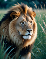 Fototapeta premium Male lion exuding power with a golden mane and piercing eyes