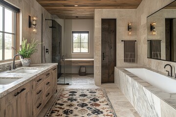 Elegant bathroom design with natural materials and modern features in a serene setting