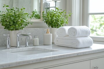 Modern bathroom interior with elegant decor and fresh greenery enhancing relaxation and cleanliness