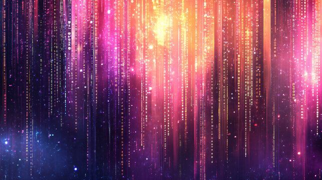 A vibrant futuristic digital background with cascading pink purple and gold code streams representing artificial intelligence and cyber technology

