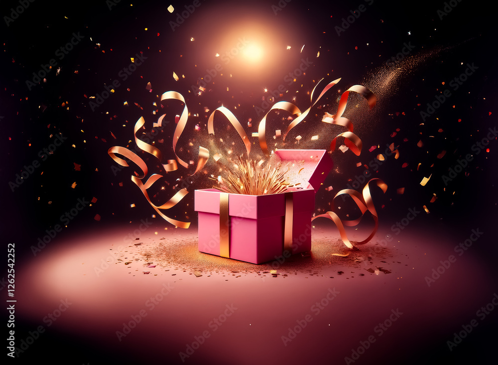 Poster A vibrant pink box bursts open with golden ribbons and sparkles, illuminated by a bright spotlight against a dark backdrop, creating a magical and celebratory atmosphere.