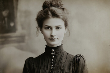 Vintage black and white photography of woman in dress.