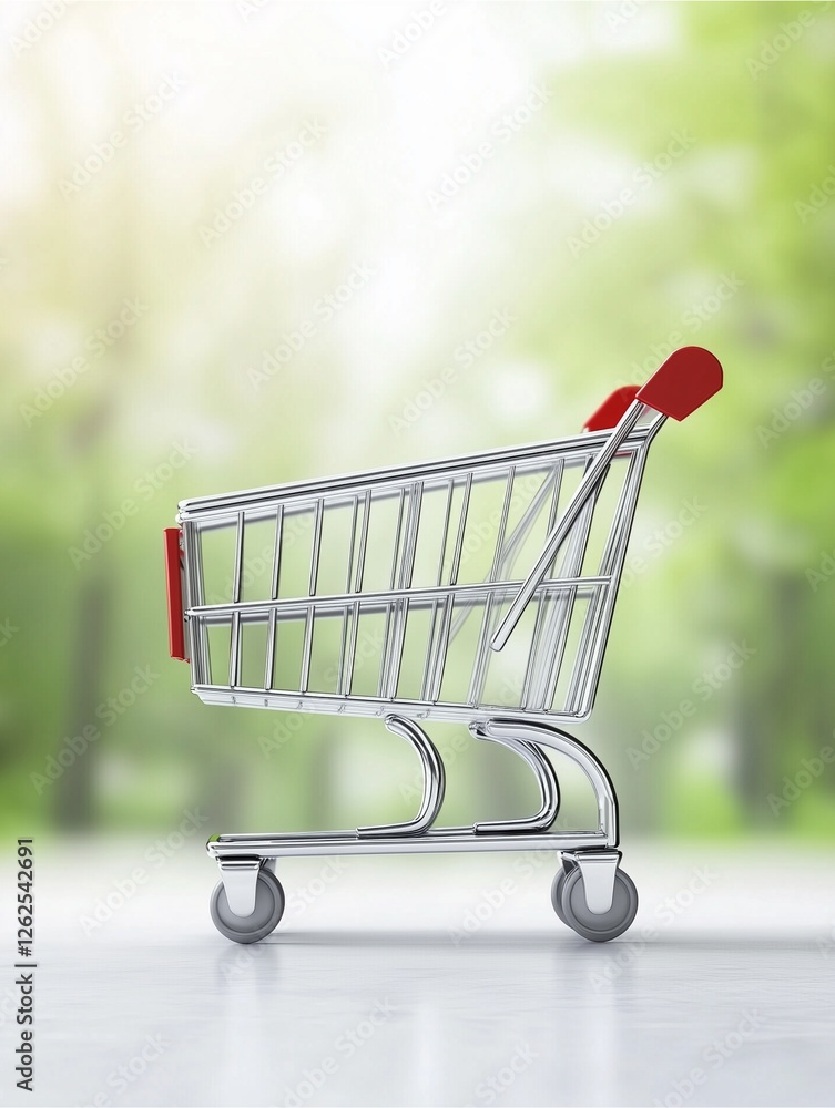 Poster shopping cart with nature blur: a shiny shopping cart with a red handle stands on a gleaming surface