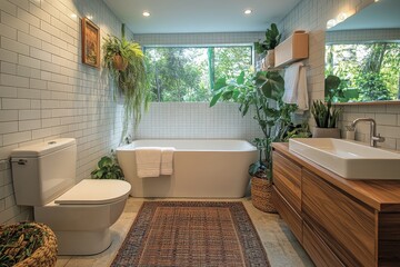 Fototapeta premium Modern bathroom design featuring natural greenery and elegant fixtures in a tranquil space