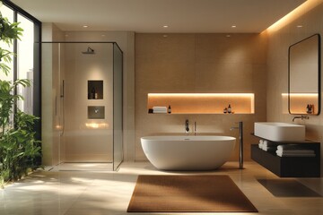 Modern bathroom design featuring elegant fixtures and natural elements in a luxurious space