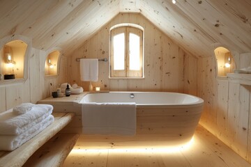Cozy wooden bathroom with modern tub and natural lighting in a rustic cabin setting
