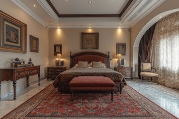 Luxurious bedroom interior design featuring elegant furnishings and warm lighting in a cozy atmosphere