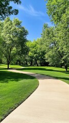 Winding path, park, sunny day, green trees