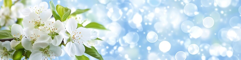 Fototapeta premium Springtime Blossom, Delicate White Flowers on a Sunny Spring Day With Blue Sky, Sunlight, Macro