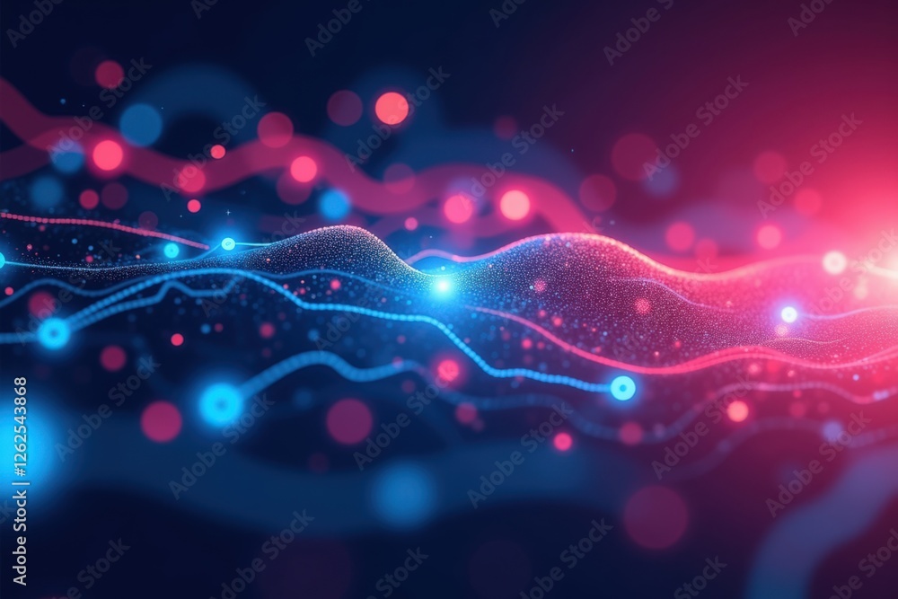 Poster illuminating waves of energy in an abstract digital landscape with vibrant colors and flowing light 