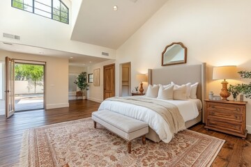 Spacious and bright modern bedroom with elegant decor and natural light streaming in from large windows