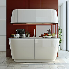 Modern white kitchen island with red wall, breakfast bar, and city view. Ideal for home design magazines or real estate listings