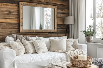 Fototapeta premium Cozy living room with white couch and textured decor in a modern cabin