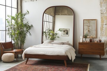 Stylish bedroom interior featuring a wooden bed, large mirror, and indoor plants in a modern city space