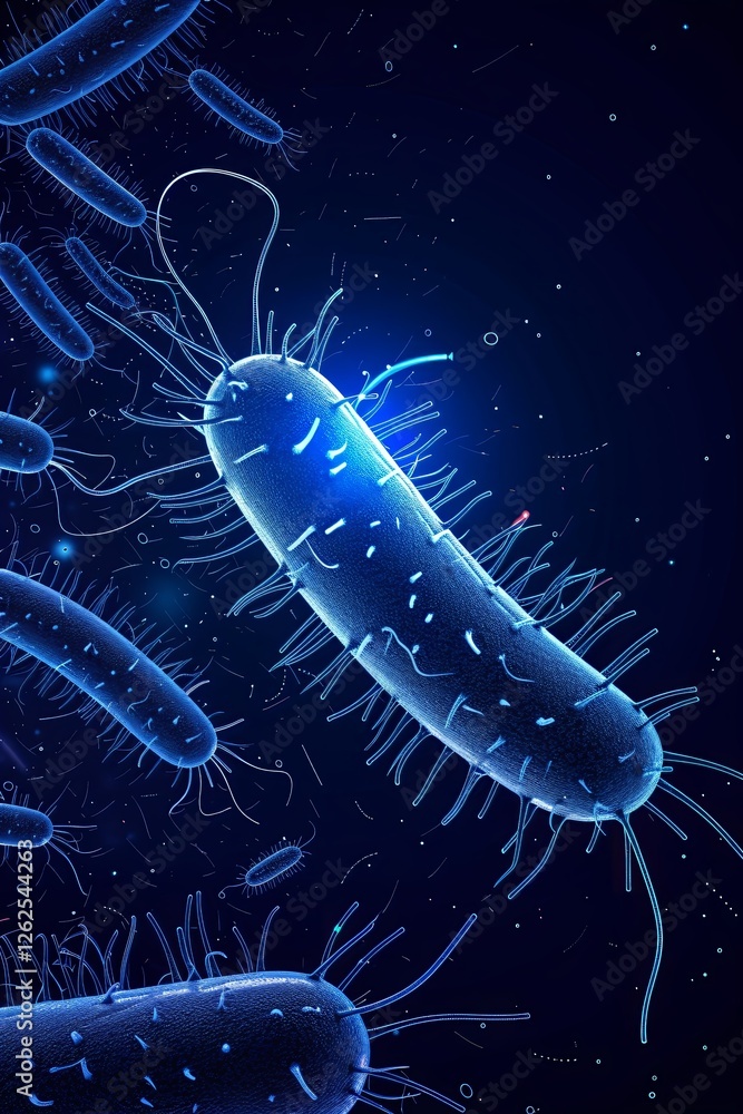 Poster blue bacteria microorganism on dark background with glowing effect. medical science research concept