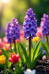 Fototapeta premium Hyacinths in a sunny garden bed, vibrant colors , petals, blossom, sun