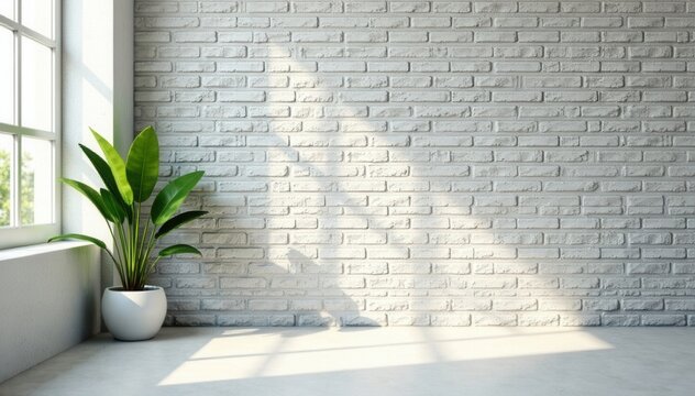 Fototapeta Light grey stone brick wall, empty room, natural light, plant shadows , meeting, natural light, room