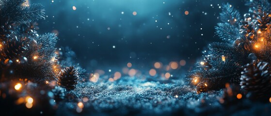 Snowflakes gently fall over a winter landscape adorned with glowing lights. Pine trees frame the scene, adding to the tranquil ambiance of the night
